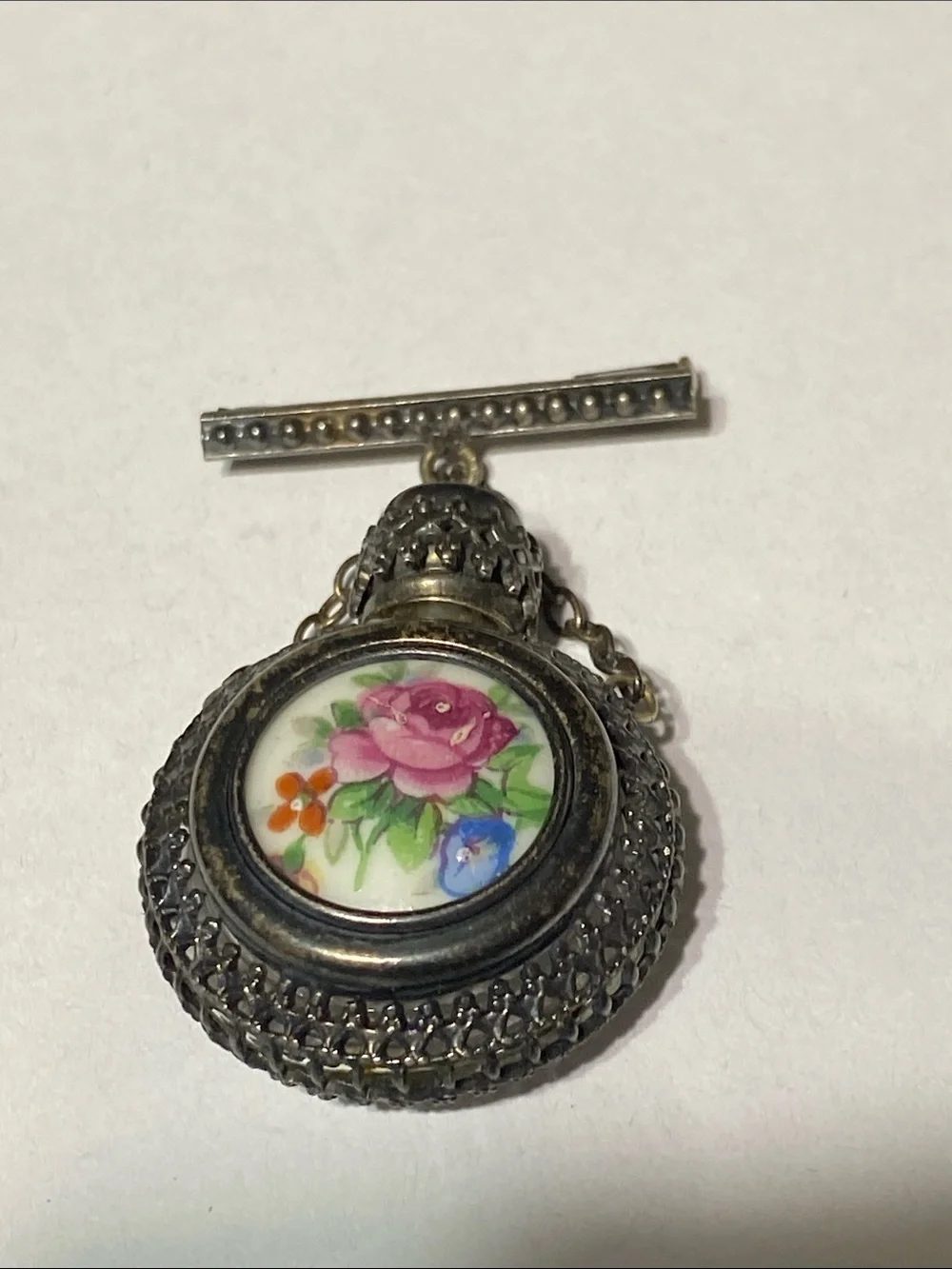 PRETTY Vintage Limoges Silver tone floral Filigree Perfume Bottle bar Pin Brooch